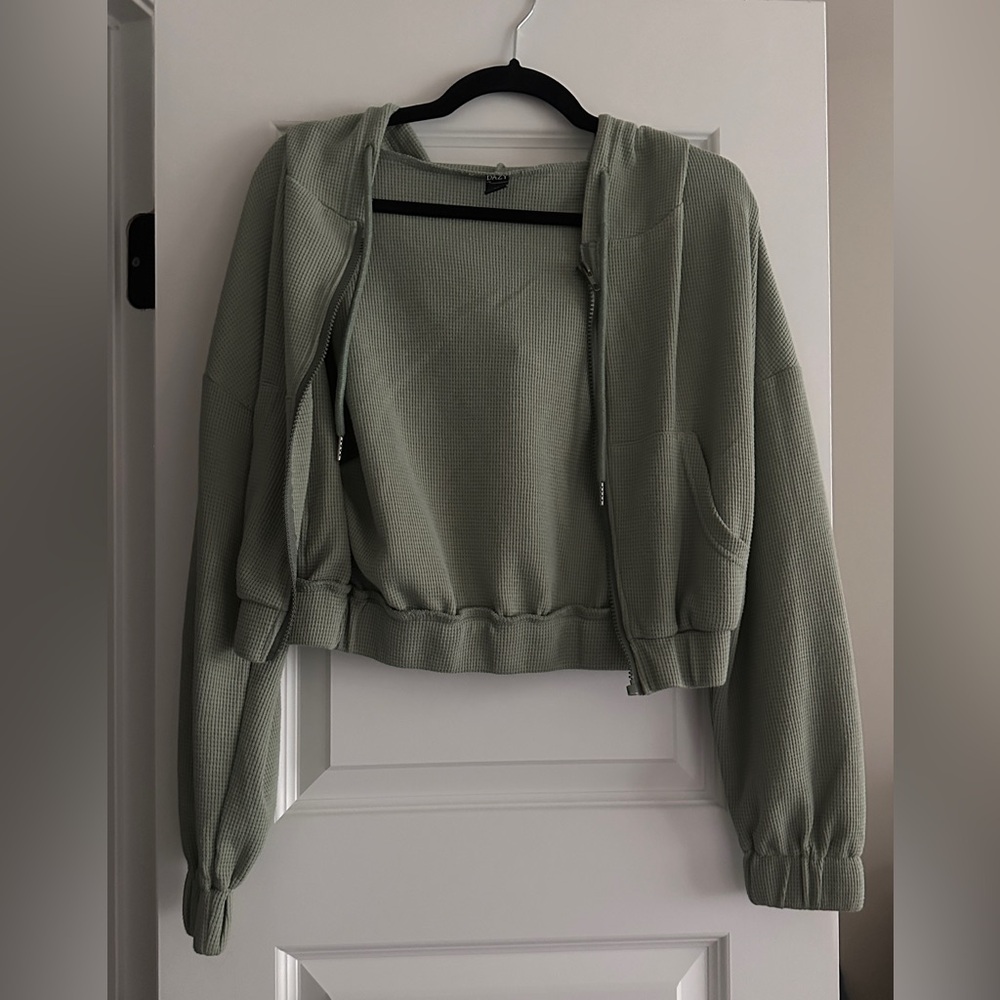 Green Waffle Knit Cropped Hoodie